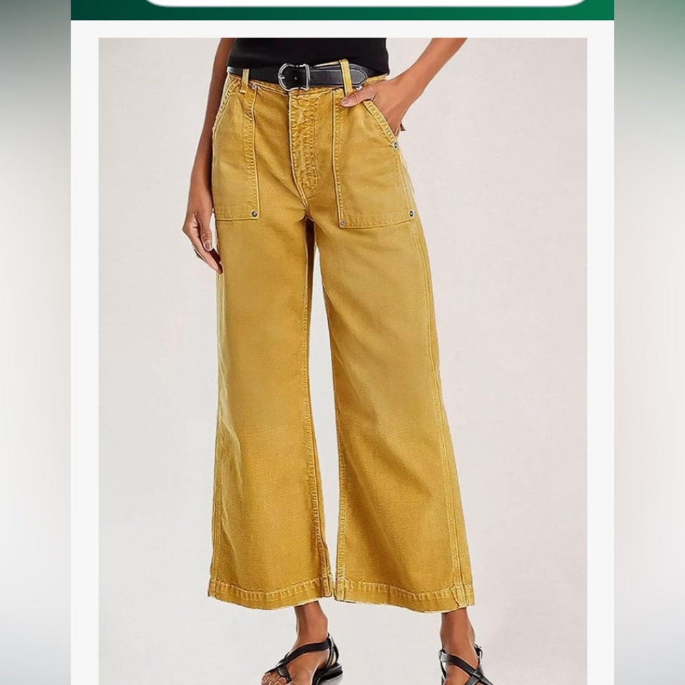 NWT Flamingal Mustard  straight Wide-Leg mid rise casual capris jean size L
